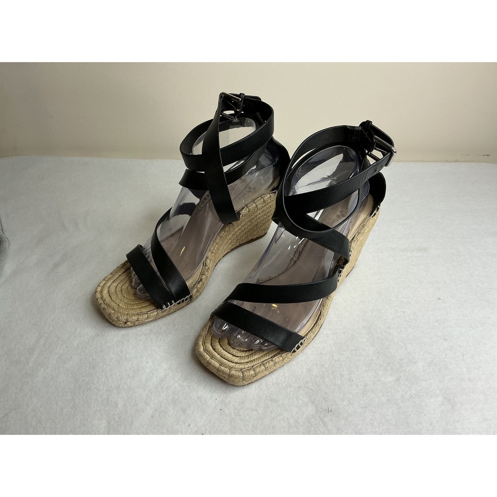 Vince Camuto Black Leather Espadrille Wedge Sandals Ankle‎ Strap 8.5M
